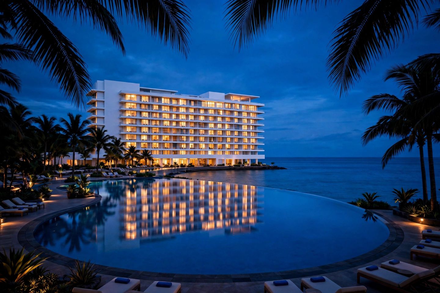 Resort pool at dusk