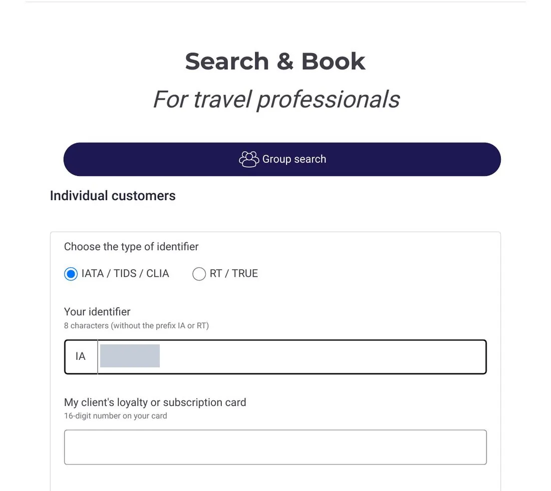 TravelPros search page: identifier type set to IATA / TIDS / CLIA, Your identifier box filled with IA + the agency number shown in your account