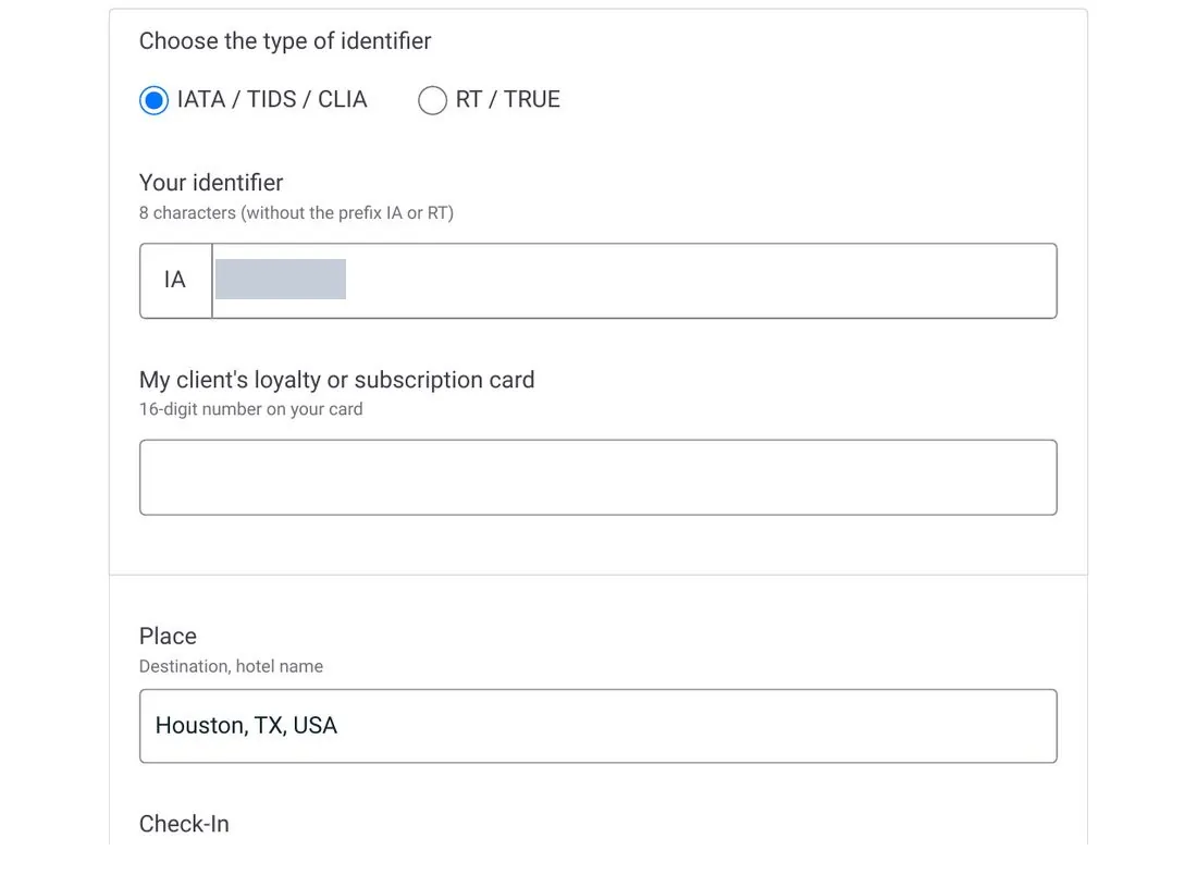 Search criteria filled in: Houston, TX, USA, check-in 10/27/2026, check-out 10/28/2026, identifier IA + agency number in place