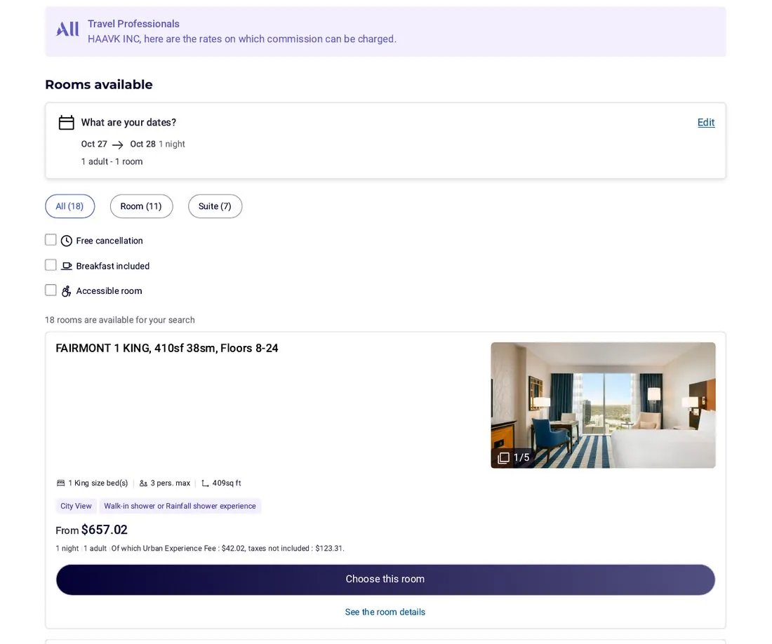 Travel Professionals banner on the hotel page: HAAVK INC, here are the rates on which commission can be charged.
