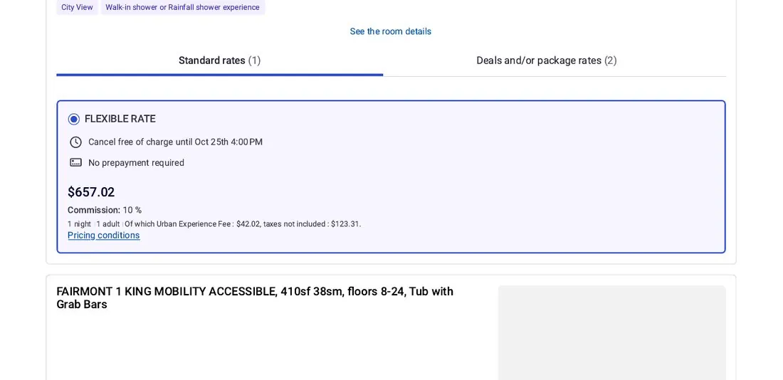 Standard rates tab: FLEXIBLE RATE $657.02 with Commission: 10 % printed underneath