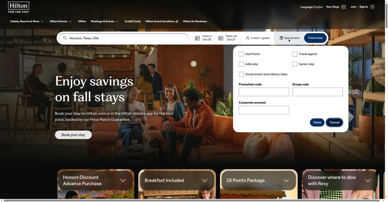 Special rates panel in the search bar, with the Travel agents checkbox