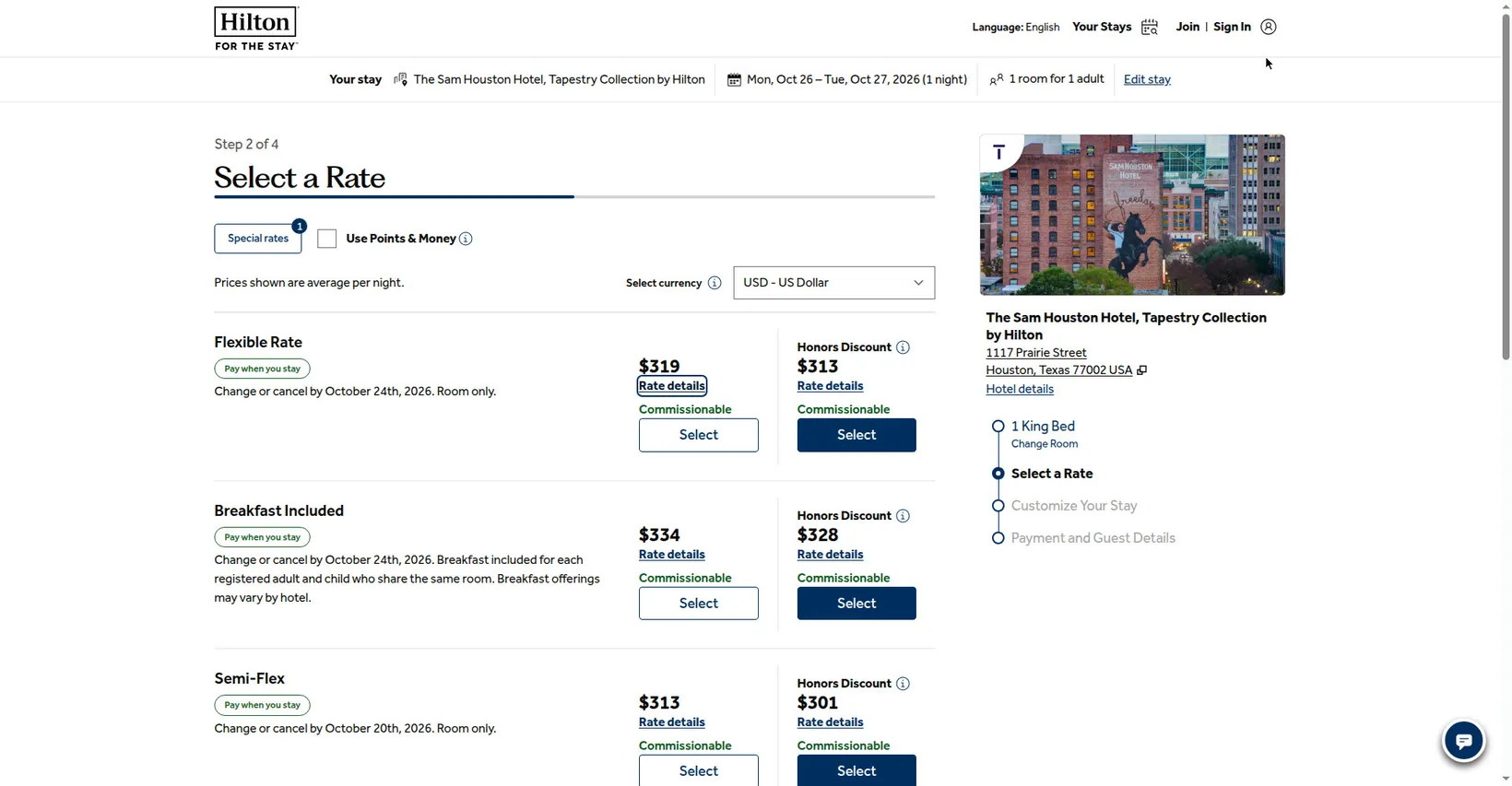 Select a Rate page: green Commissionable text under every rate