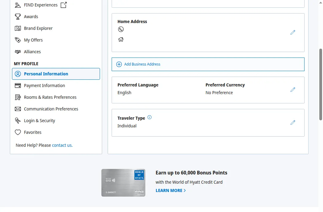 Traveler Type card on the Personal Information page (Individual before editing); click the pencil on the right to edit