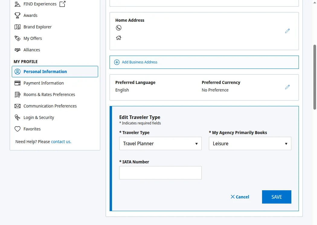 Edit Traveler Type form: Travel Planner selected, revealing the required My Agency Primarily Books and IATA Number fields