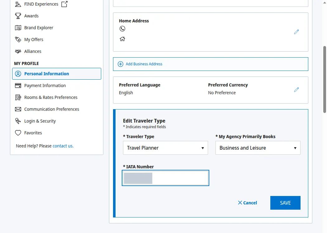 IATA Number filled with the agency number shown in your account; click SAVE