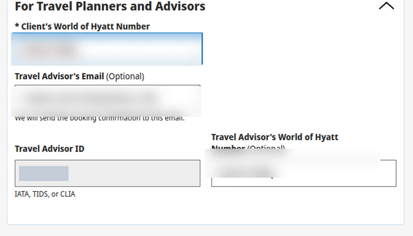 For Travel Planners and Advisors section at checkout: Travel Advisor ID carried in automatically (email and member number redacted)