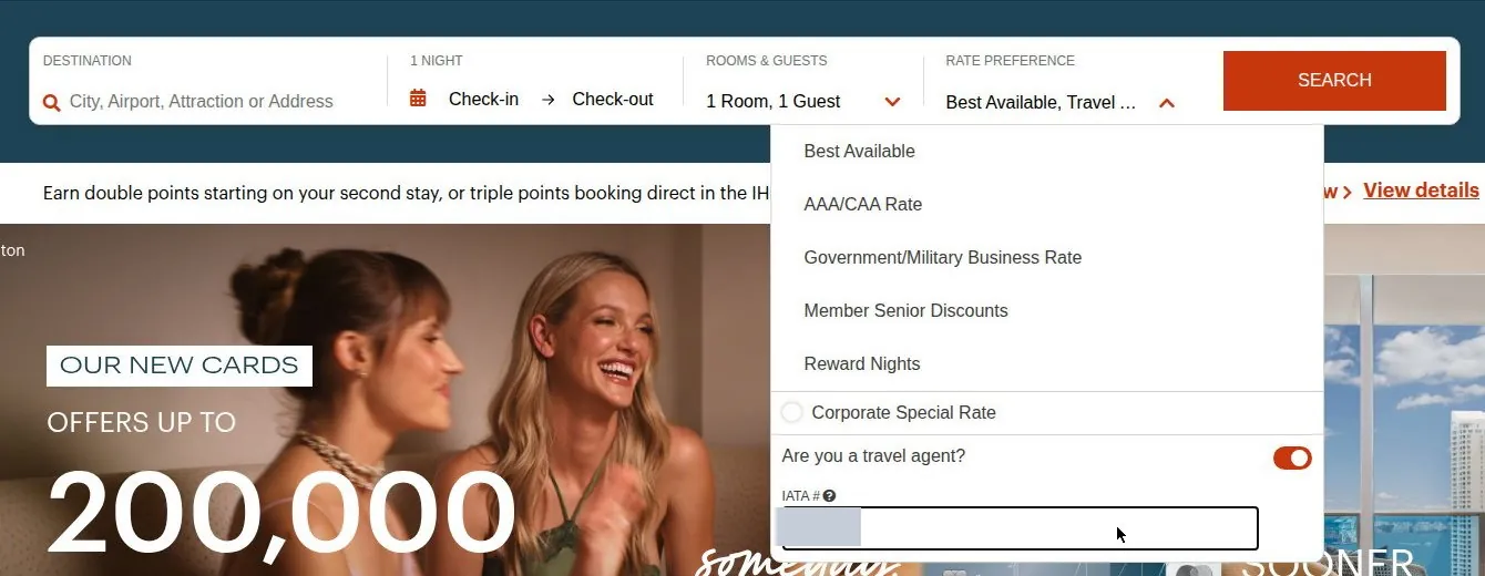 Rate Preference panel: Are you a travel agent? toggle on, IATA # filled with the agency number shown in your account