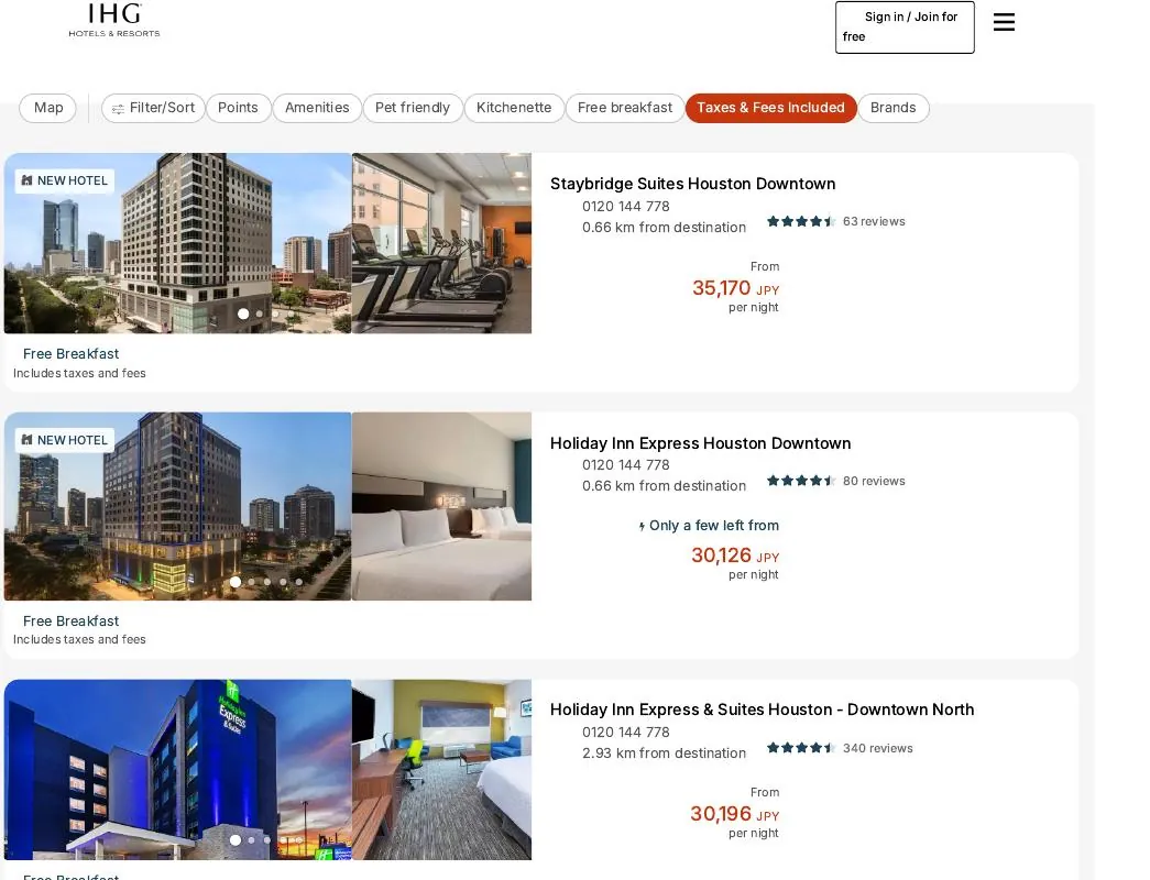 IHG search results page (Staybridge Suites Houston Downtown listed)