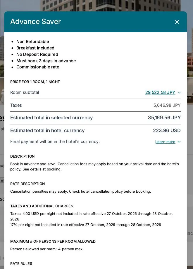 Advance Saver rate-detail pop-up, with Commissionable rate listed