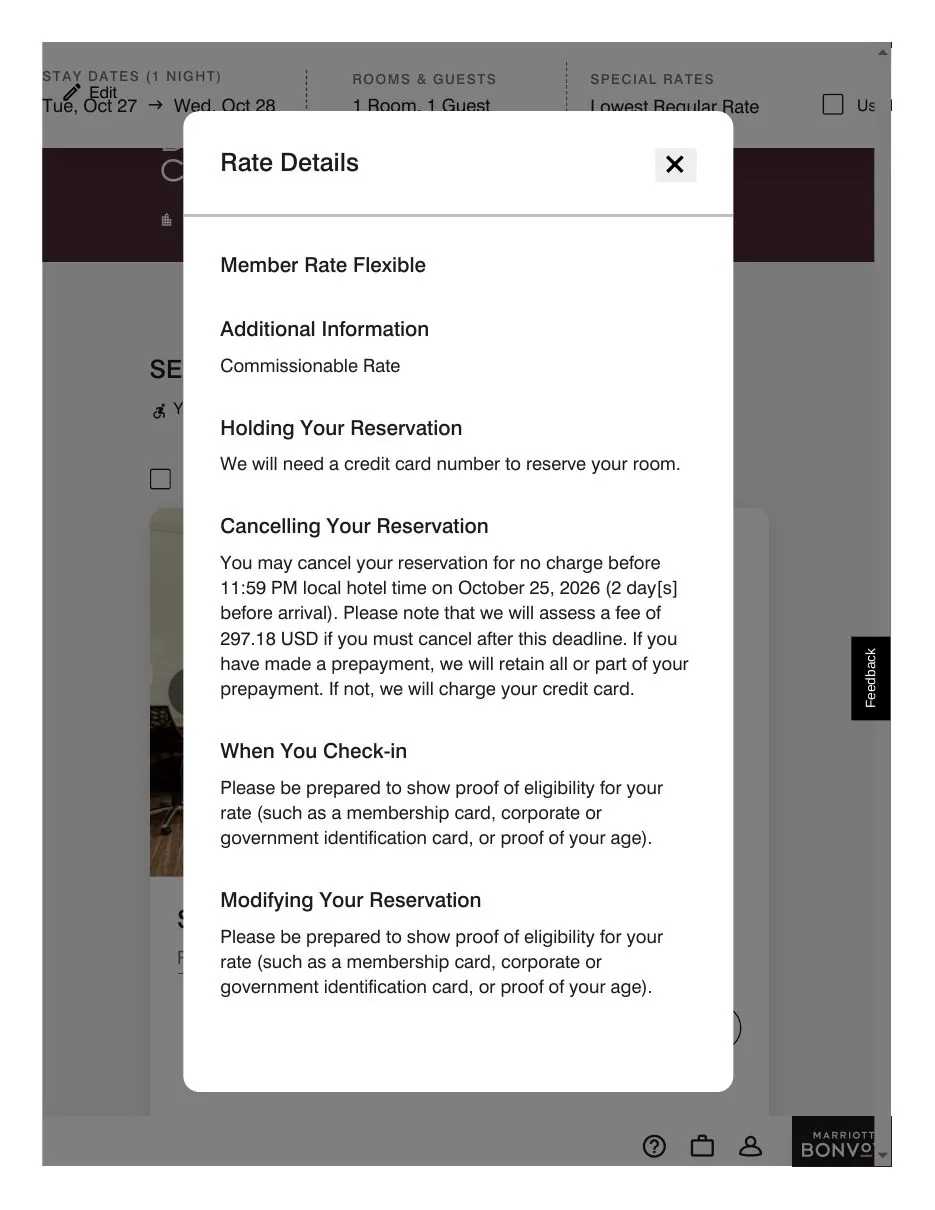 Rate Details pop-up: Additional Information shows Commissionable Rate