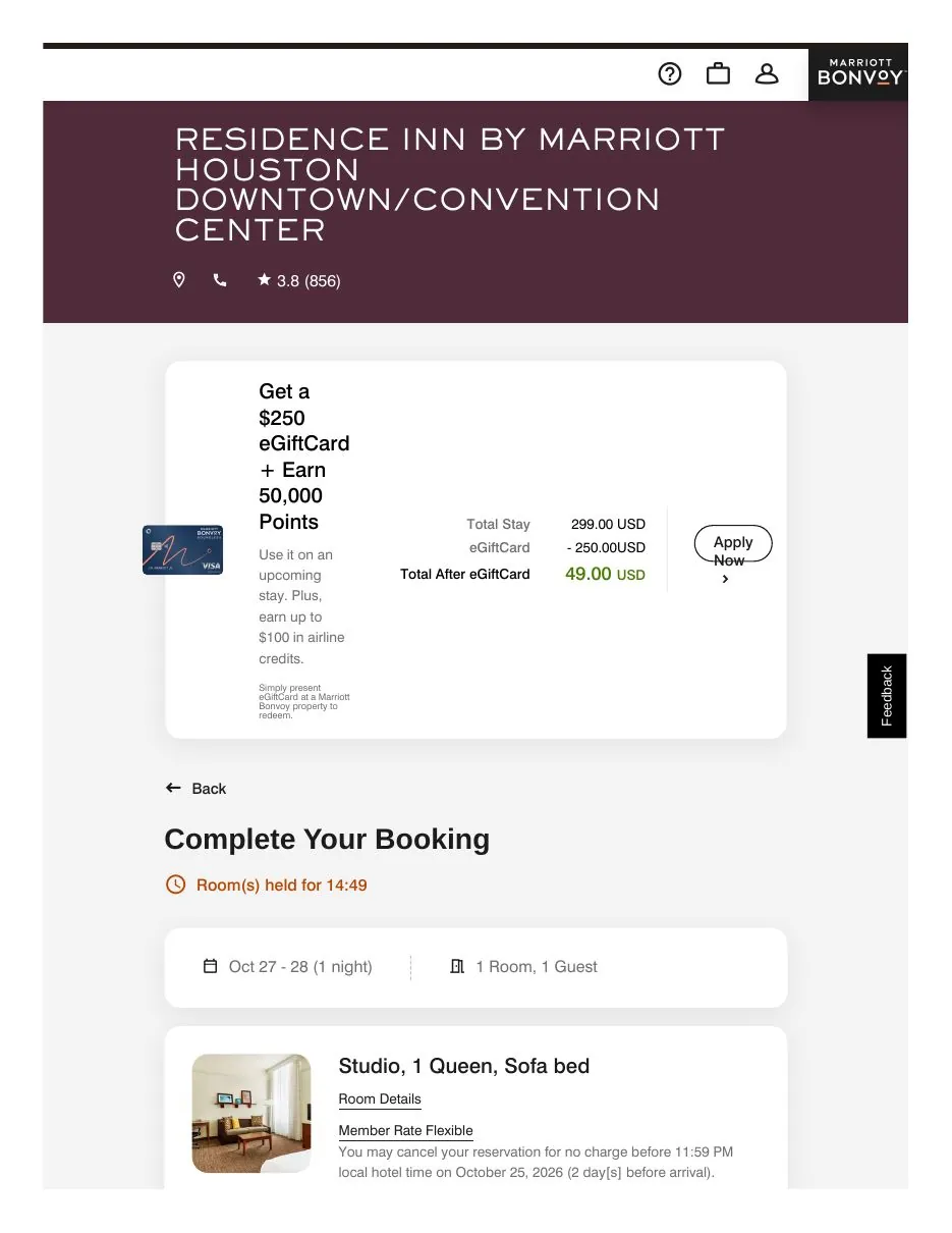 Complete Your Booking page top: stay dates and room summary