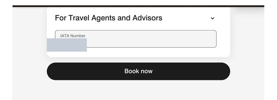 For Travel Agents and Advisors section expanded: IATA Number field filled with the agency number shown in your account, Book now button below